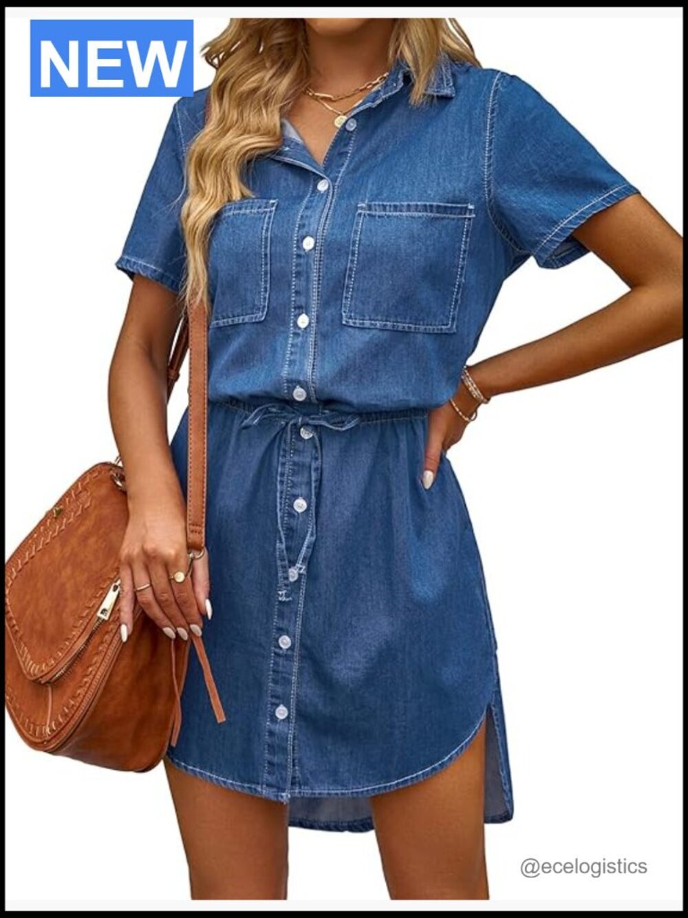 Casual Denim Shirt Dress Short Sleeve Tie Waist Hi Low